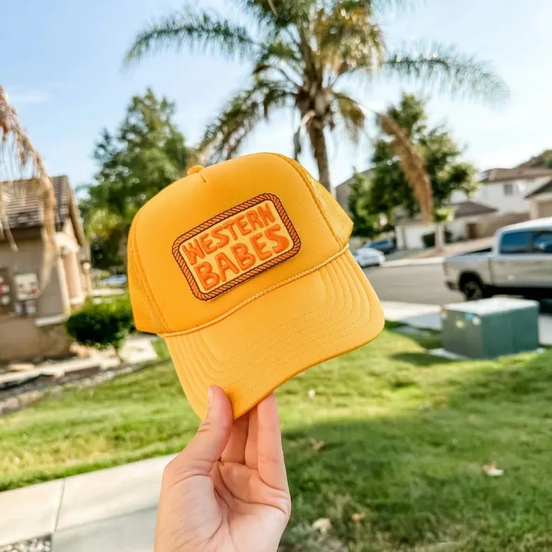 High Quality Sports Unisex Mesh Trucker Hats Yellow Embroidery Patch Puff Snapback Trucker Hat 2