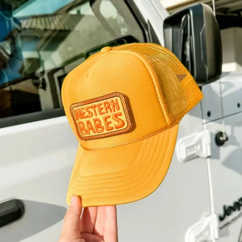 High Quality Sports Unisex Mesh Trucker Hats Yellow Embroidery Patch Puff Snapback Trucker Hat 3
