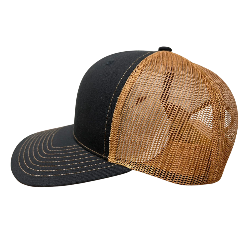 High Quality Wholesale 6 Panel Trucker Hat Black Camel Woven Patches Structured Breathable Mesh Adjustable Single Row Buckle OEM 3