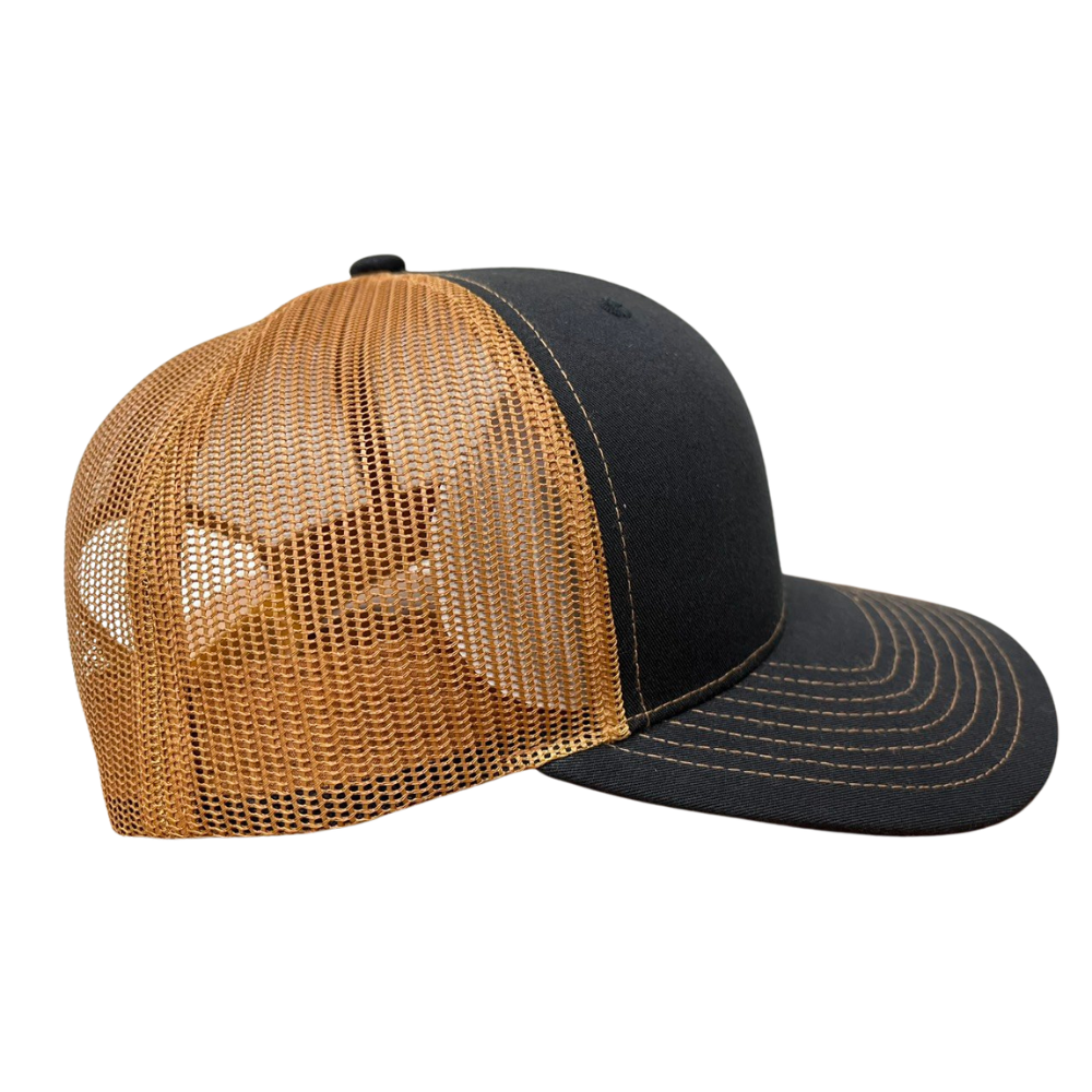 High Quality Wholesale 6 Panel Trucker Hat Black Camel Woven Patches Structured Breathable Mesh Adjustable Single Row Buckle OEM 4