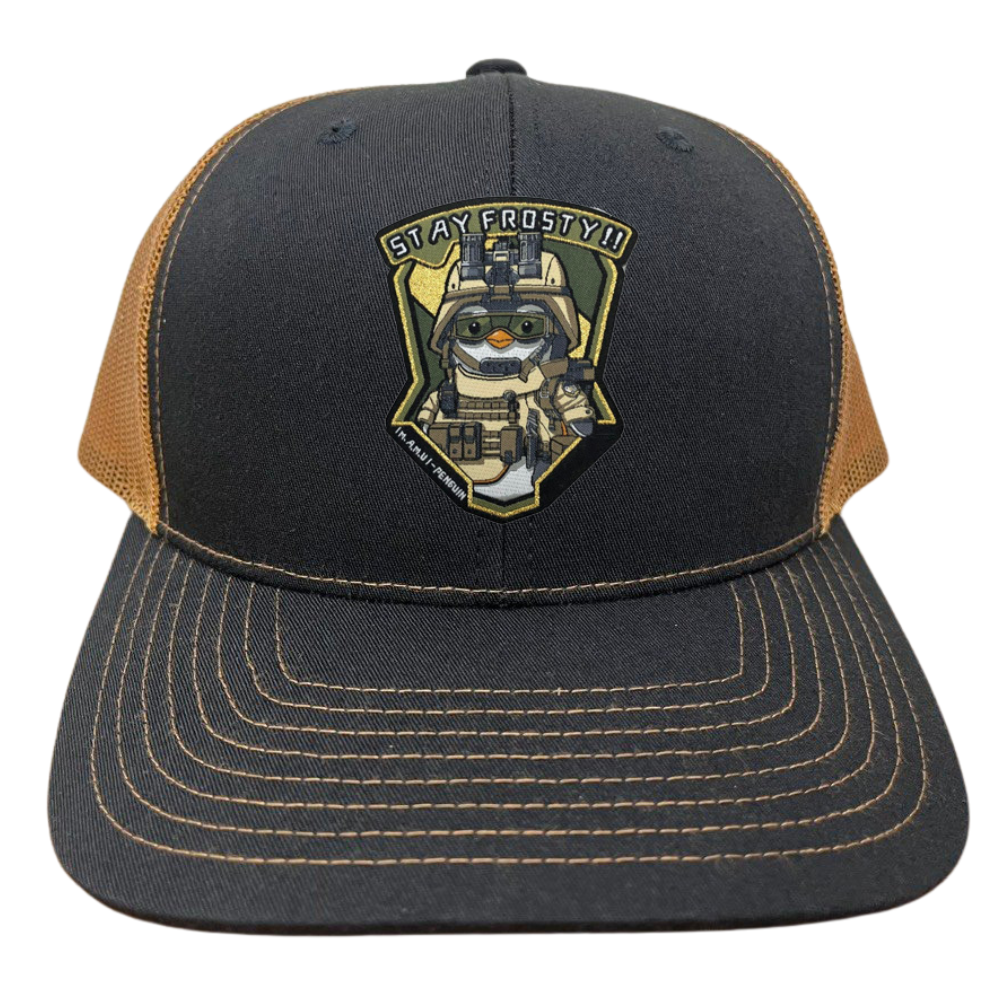 High Quality Wholesale 6 Panel Trucker Hat Black Camel Woven Patches Structured Breathable Mesh Adjustable Single Row Buckle OEM 2
