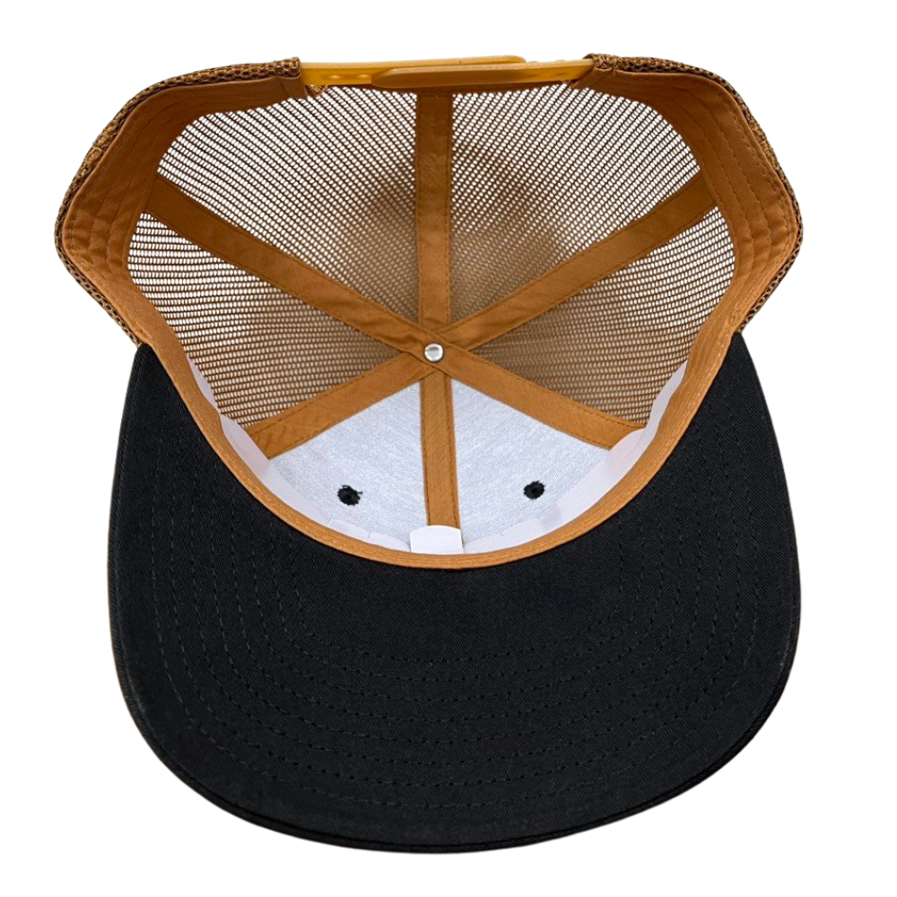 High Quality Wholesale 6 Panel Trucker Hat Black Camel Woven Patches Structured Breathable Mesh Adjustable Single Row Buckle OEM 5