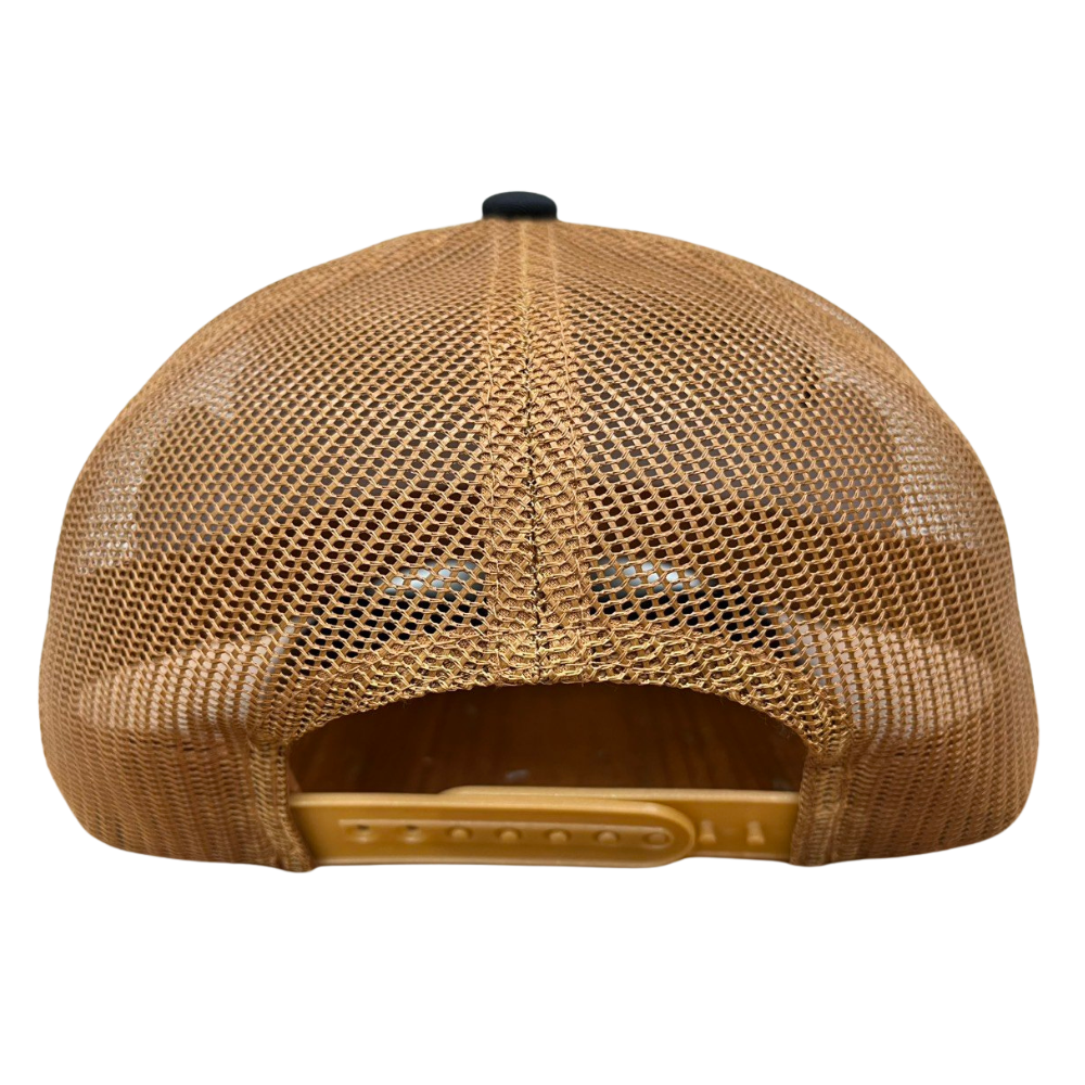 High Quality Wholesale 6 Panel Trucker Hat Black Camel Woven Patches Structured Breathable Mesh Adjustable Single Row Buckle OEM 6