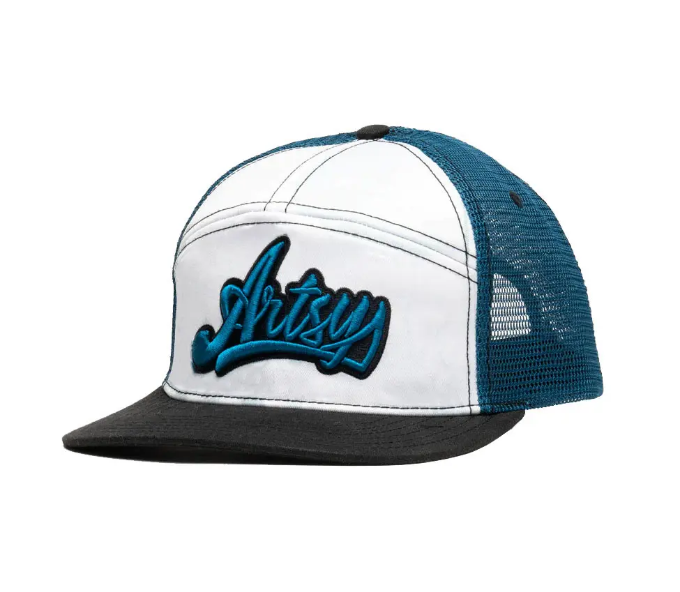 Hiphop Flat Brim 7 Panels Trucker Hat with Custom Logo Wholesale Cap High Quality White/Blue Color Plastic Buckle Trucker Hat 1