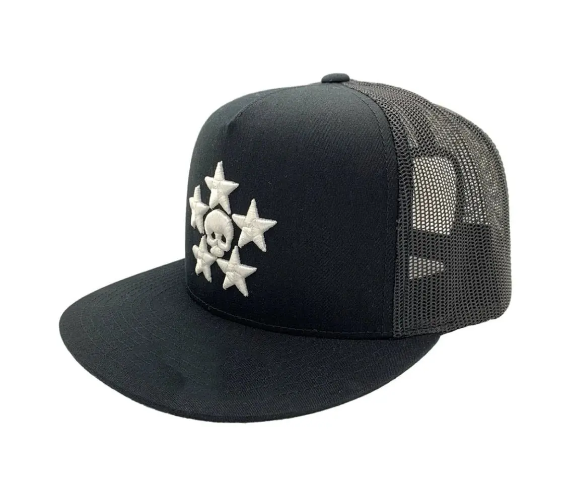 Hiphop Style Trucker Hat for Men 3D Embroidery 5-Panel Flat Brim High Quality High Profile Cotton and Mesh Fabric Trucker Hat 1