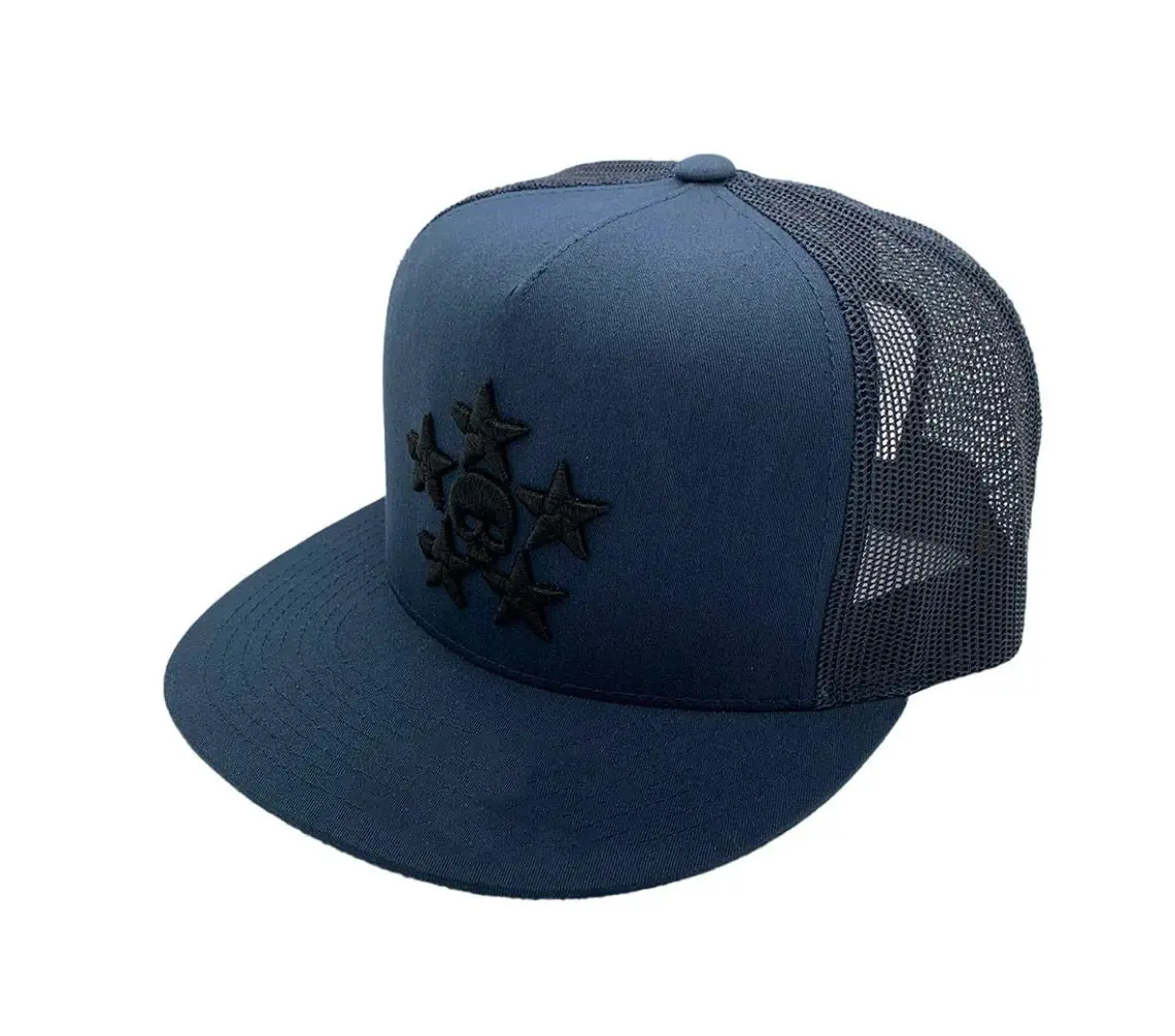 Hiphop Style Trucker Hat for Men 3D Embroidery 5-Panel Flat Brim High Quality High Profile Cotton and Mesh Fabric Trucker Hat 3