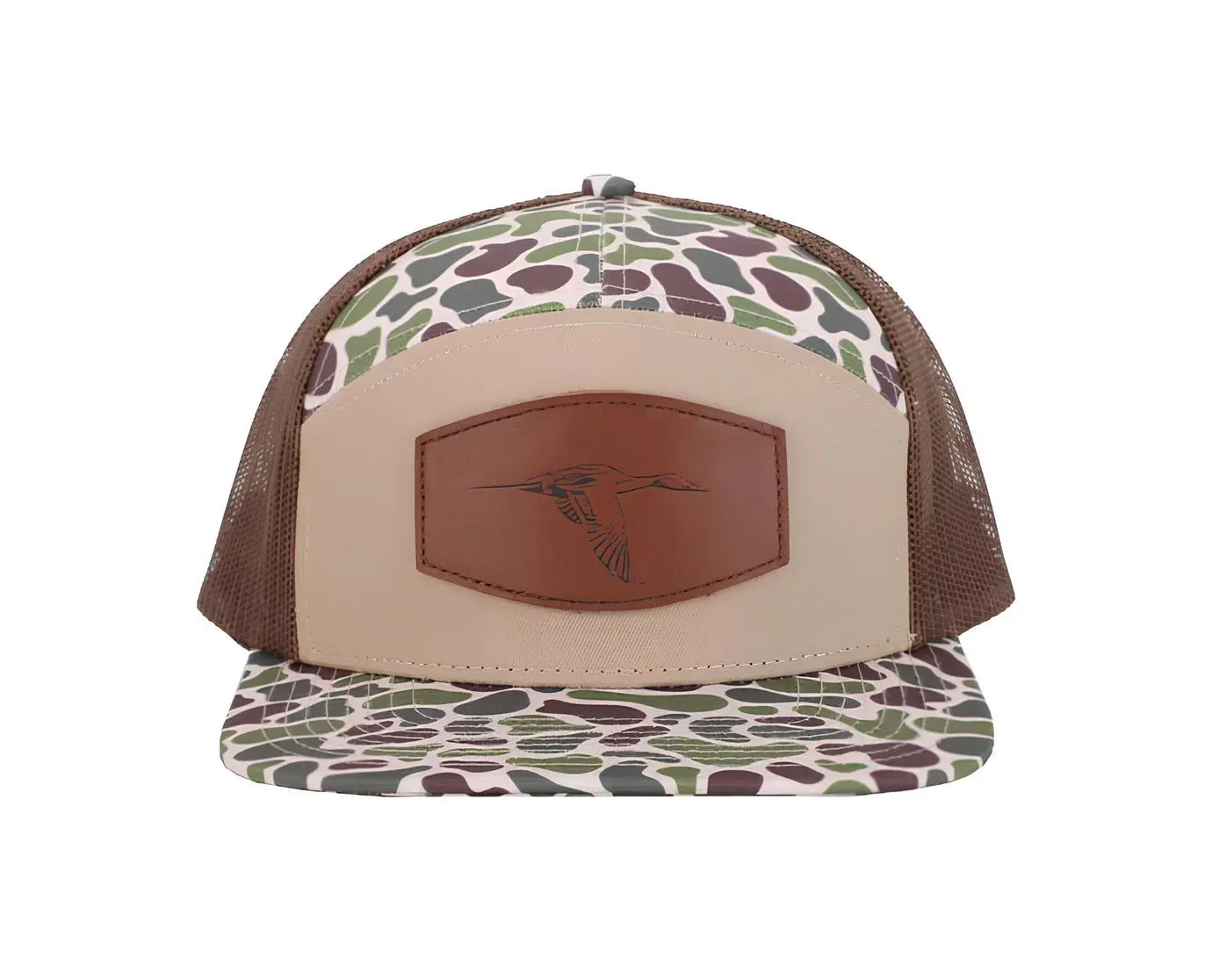Hot Sale Hiphop High Quality 7 Panel Trucker Hat Mix Camo/Beige Color Custom Logo Brown Mesh Soft Headwear Trucker Cap 1