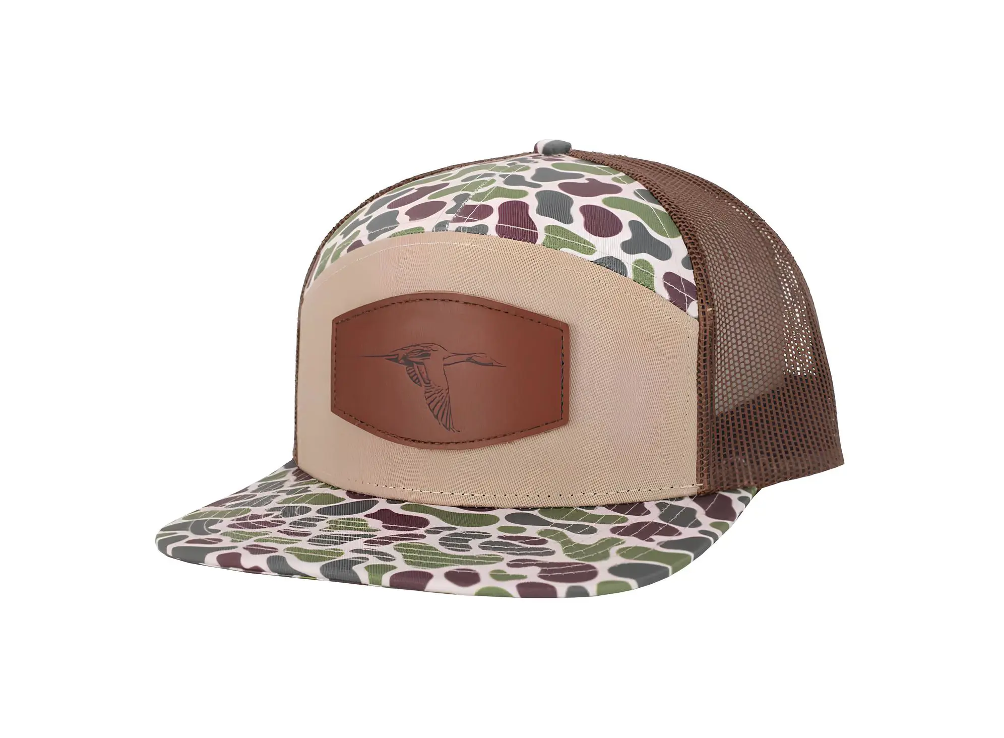 Hot Sale Hiphop High Quality 7 Panel Trucker Hat Mix Camo/Beige Color Custom Logo Brown Mesh Soft Headwear Trucker Cap 2