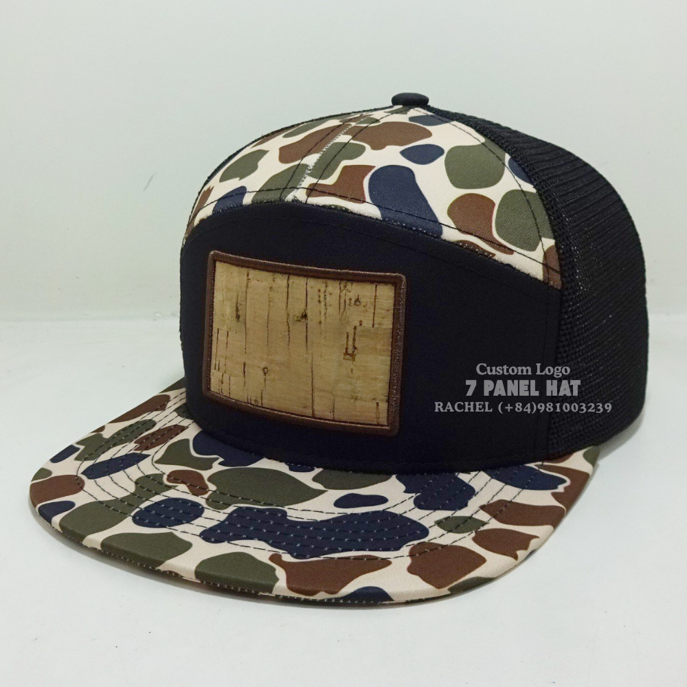 Hot Seller 7 Panel Camouflage Trucker Hats Leather Patch Flat Brim Adjustable Snapback Closure Fishing Hunting Vietnam Headwear 2
