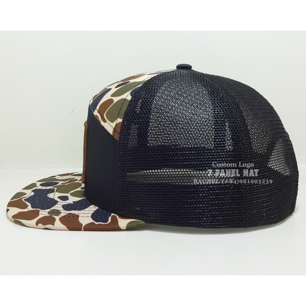 Hot Seller 7 Panel Camouflage Trucker Hats Leather Patch Flat Brim Adjustable Snapback Closure Fishing Hunting Vietnam Headwear 3