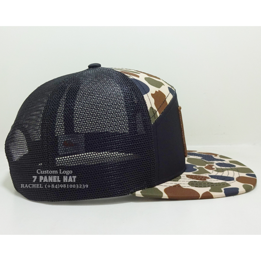 Hot Seller 7 Panel Camouflage Trucker Hats Leather Patch Flat Brim Adjustable Snapback Closure Fishing Hunting Vietnam Headwear 4