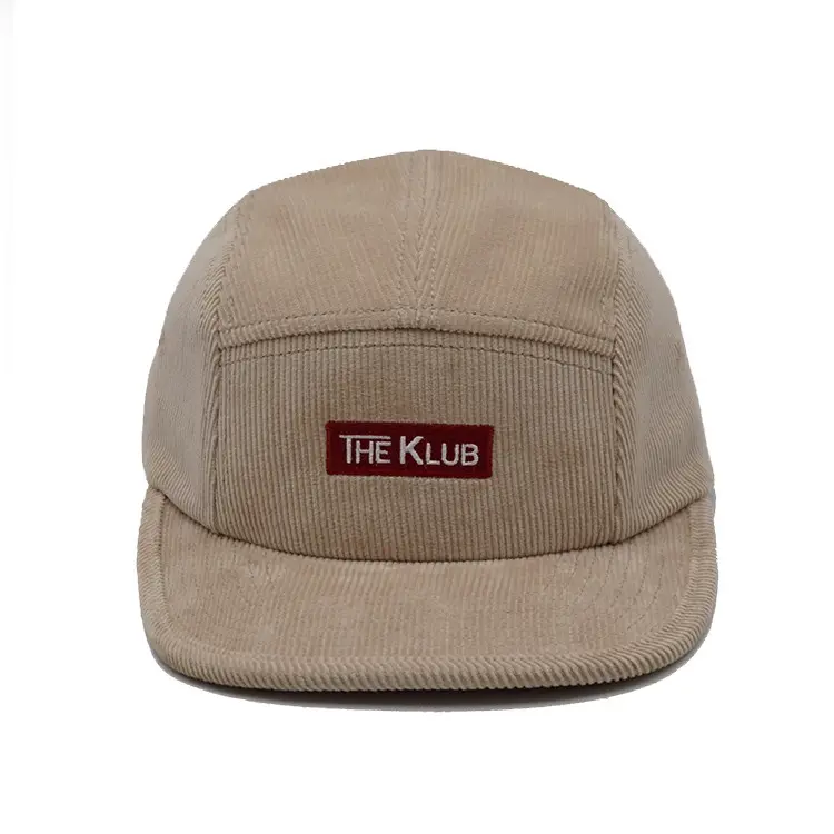 Khaki Color Corduroy Camper Cap Visor Unisex Sport Hat 5-Panel Flat Brim High Quality Low Profile Unconstructed Snapback Cap 2
