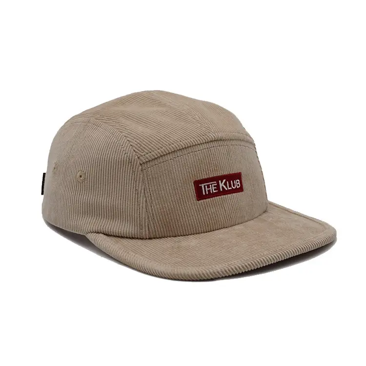Khaki Color Corduroy Camper Cap Visor Unisex Sport Hat 5-Panel Flat Brim High Quality Low Profile Unconstructed Snapback Cap 3