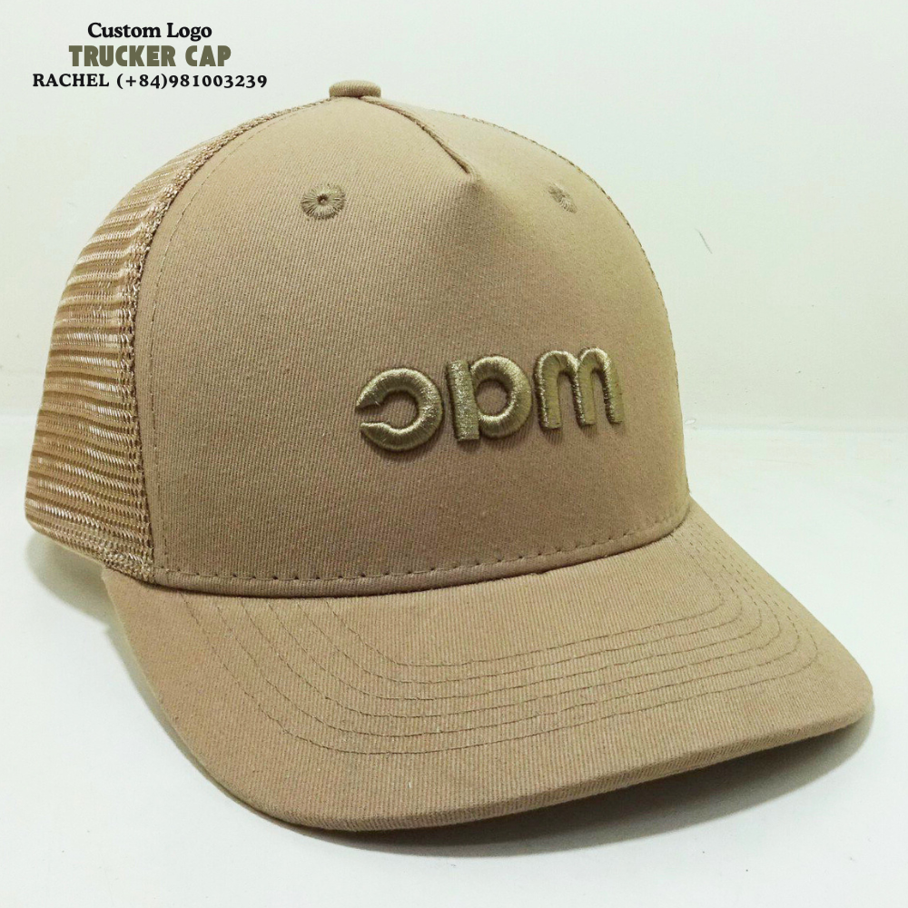 Khaki Trucker Hats 6 Panel Gorras Structured Caps 3D Embroidered Slightly Curved Brim Adjustable Snapback Private Label Snap Tag 3