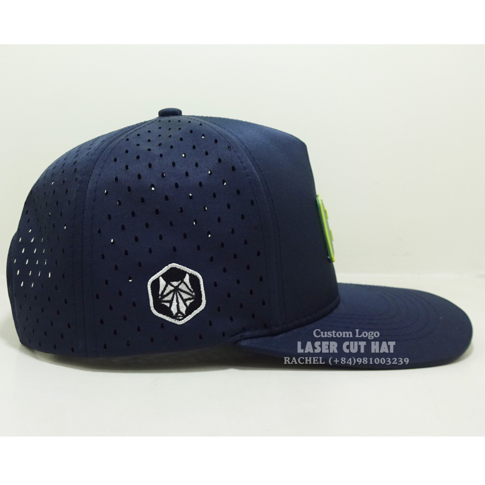 Laser Cut Hats 5 Panel Structured Rubber Patch Waterproof Hole Perforated Slightly Curved Brim Golf Tennis Vietnam Headwear OEM 5