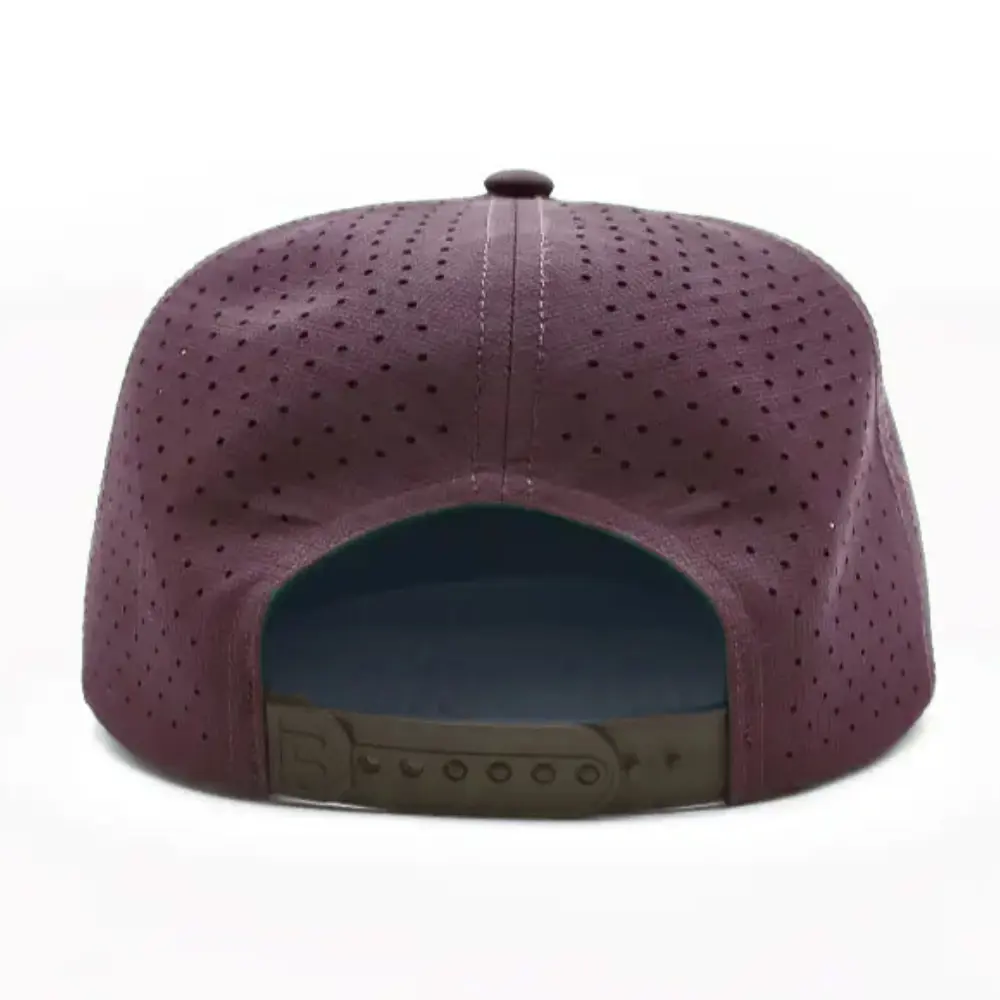 Laser Cut Hole Perforated Waterproof Snapback Rubber Logo Patches With Flat Brim Custom Rope on the Brim Single Breasted Buckle 6