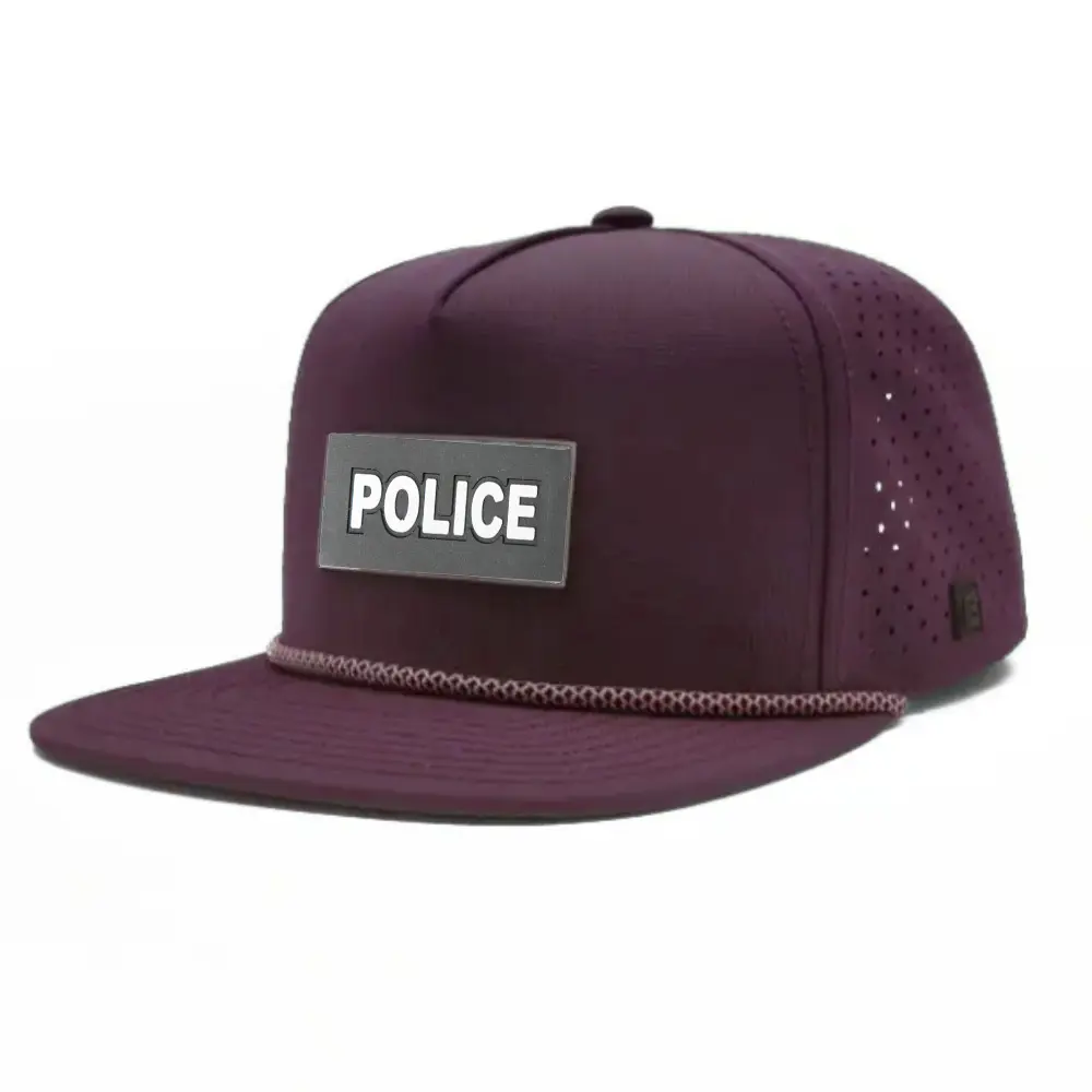 Laser Cut Hole Perforated Waterproof Snapback Rubber Logo Patches With Flat Brim Custom Rope on the Brim Single Breasted Buckle 3