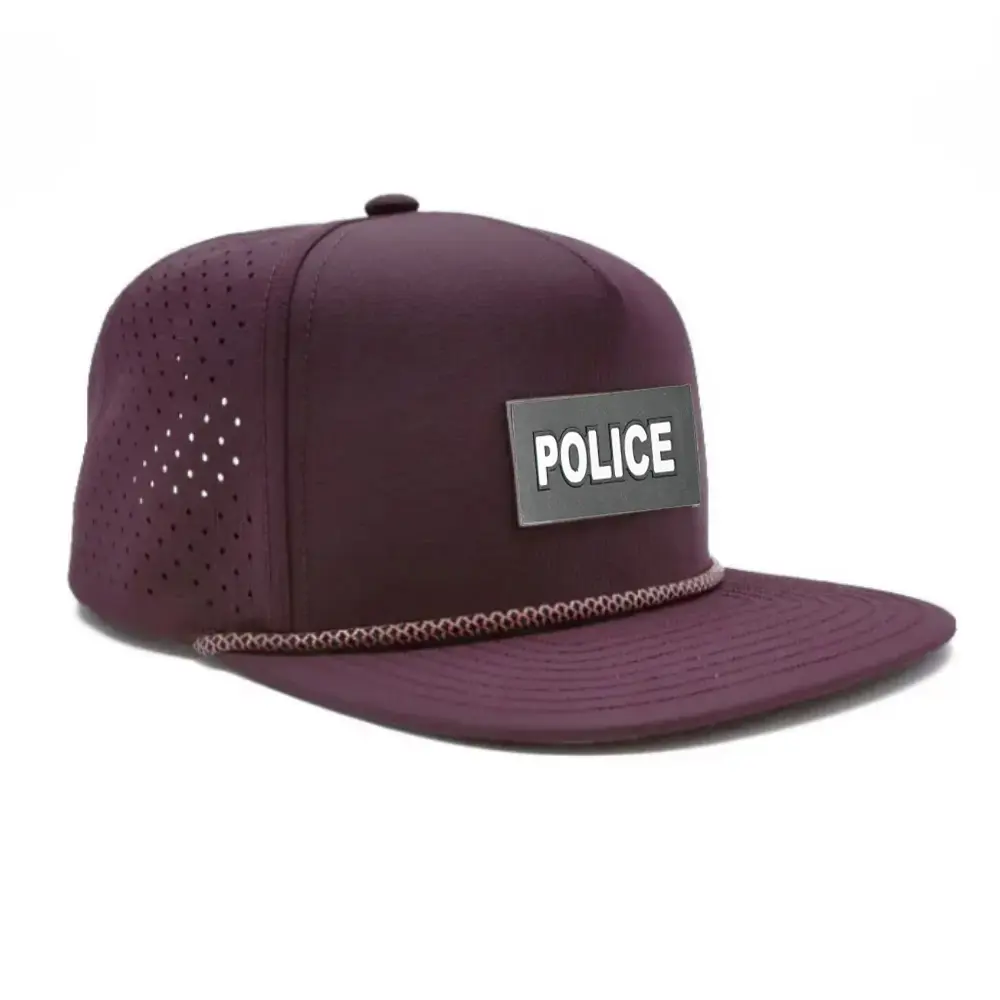 Laser Cut Hole Perforated Waterproof Snapback Rubber Logo Patches With Flat Brim Custom Rope on the Brim Single Breasted Buckle 5