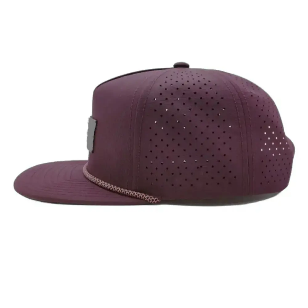 Laser Cut Hole Perforated Waterproof Snapback Rubber Logo Patches With Flat Brim Custom Rope on the Brim Single Breasted Buckle 4