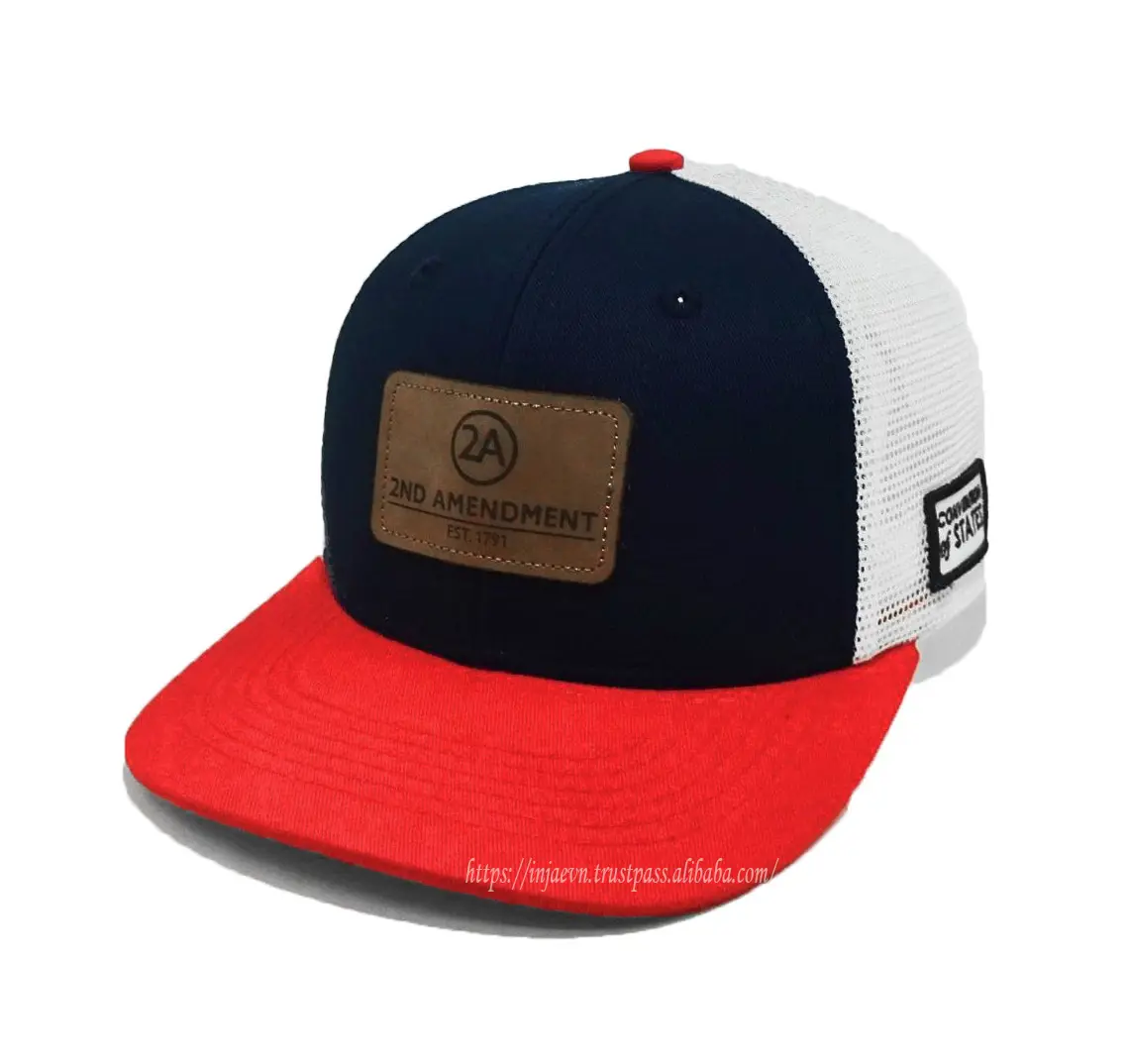 Leather Logo 6-Panel Black Blue and Red Color Medium Profile Cotton and Mesh Fabric Trucker Hat from Vietnam Supplier 2