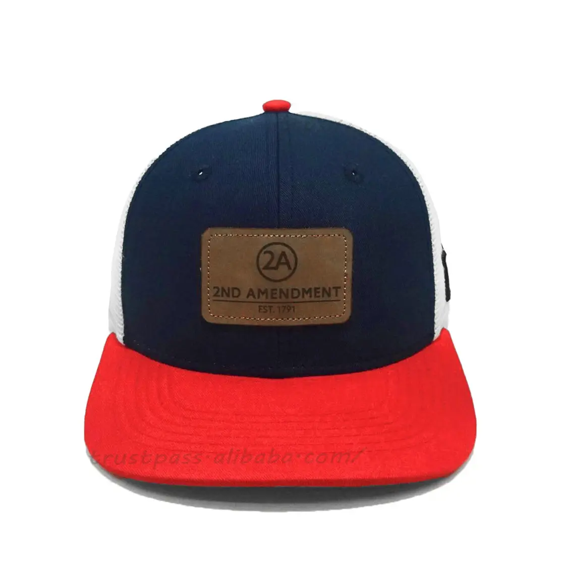 Leather Logo 6-Panel Black Blue and Red Color Medium Profile Cotton and Mesh Fabric Trucker Hat from Vietnam Supplier 1