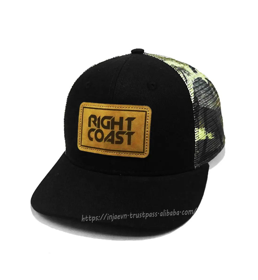 Leather logo 6-Panel Sporty Style Curved Brim Black Color Medium Profile Trucker Hat for Men in Vietnam Factory 2