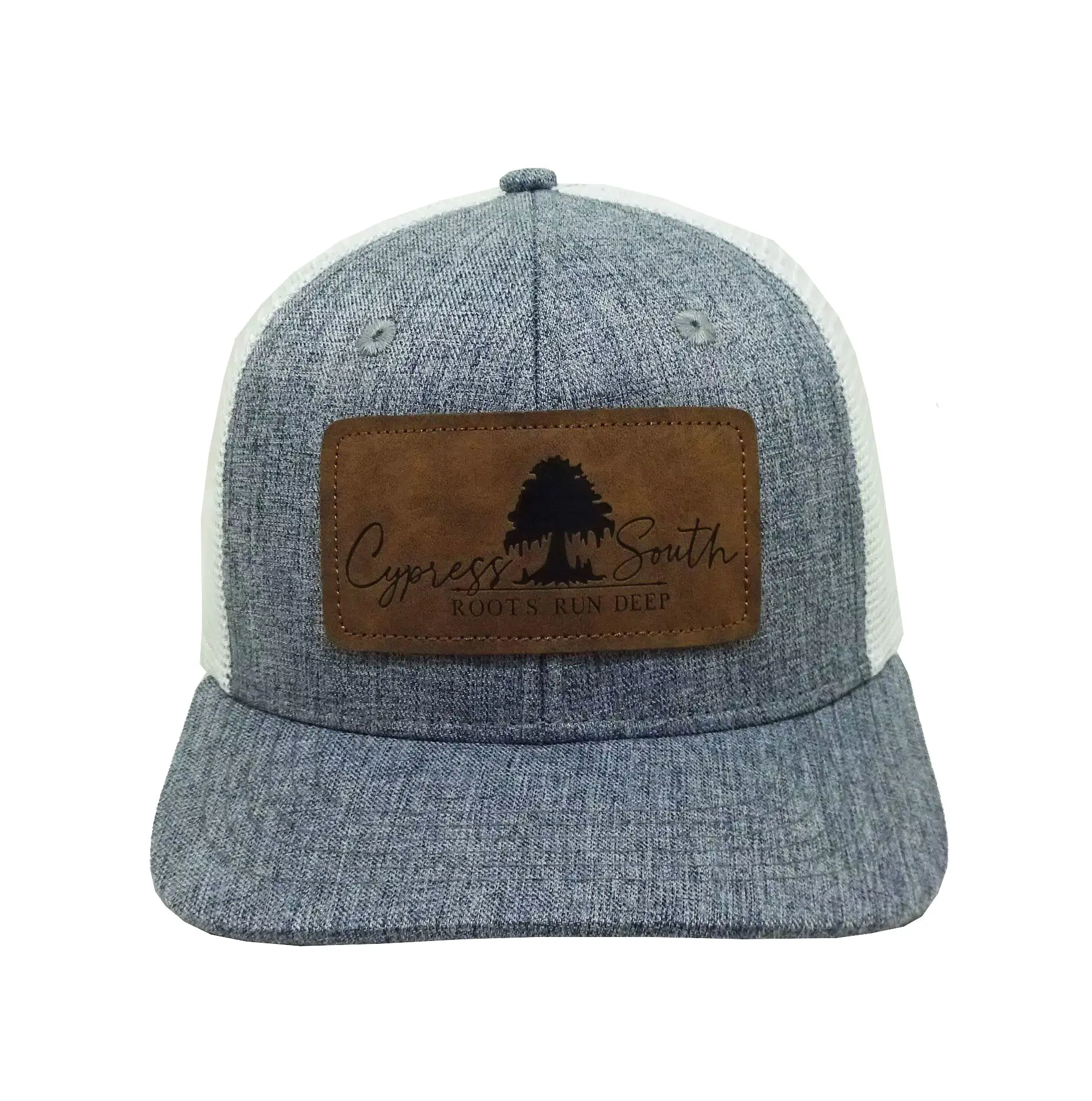 Leather logo Light Grey/ Dark Grey Color 6-Panel Curved Brim High Quality Medium Profile Cotton and Mesh Fabric Trucker Hat 3