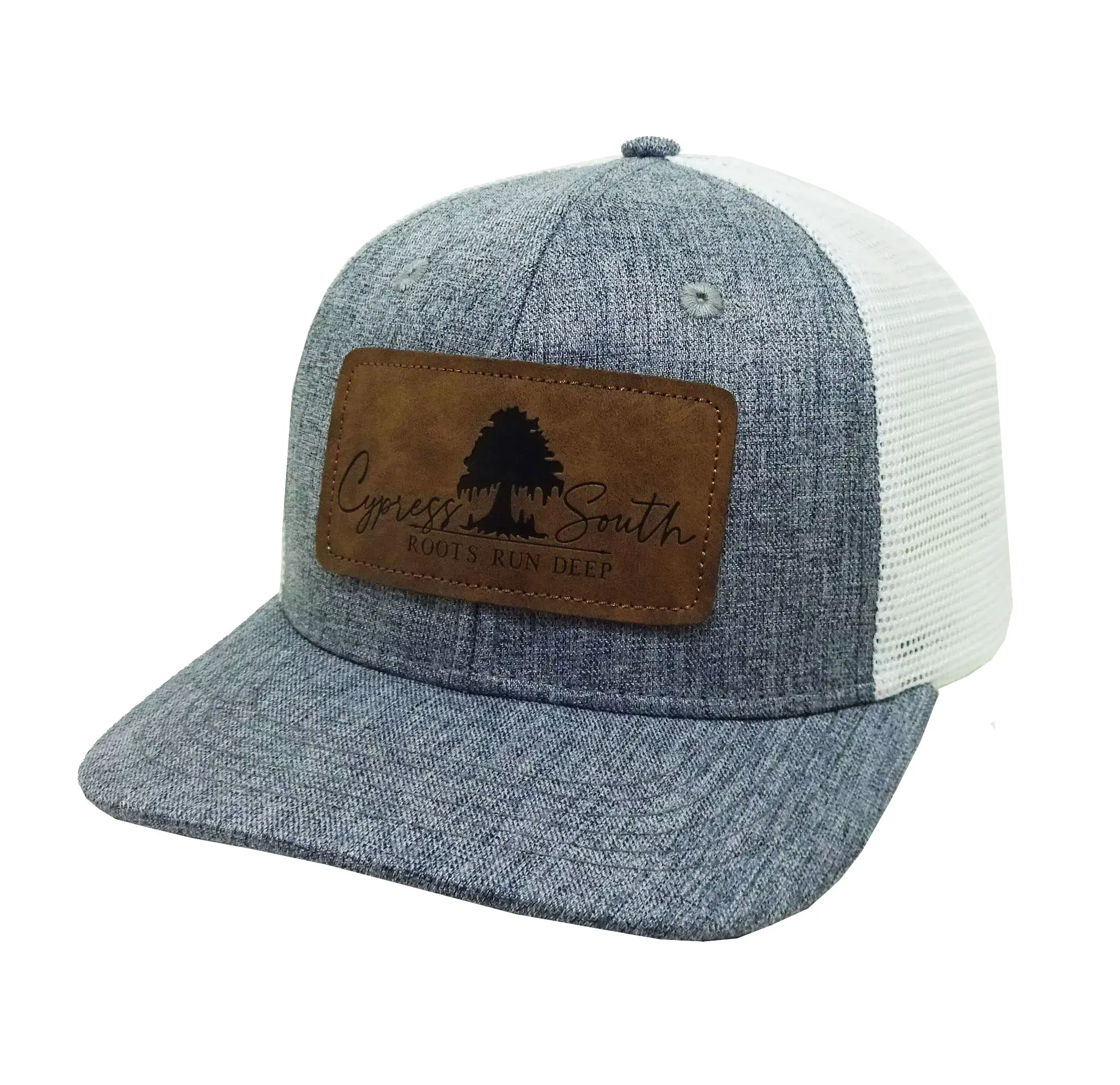 Leather logo Light Grey/ Dark Grey Color 6-Panel Curved Brim High Quality Medium Profile Cotton and Mesh Fabric Trucker Hat 1