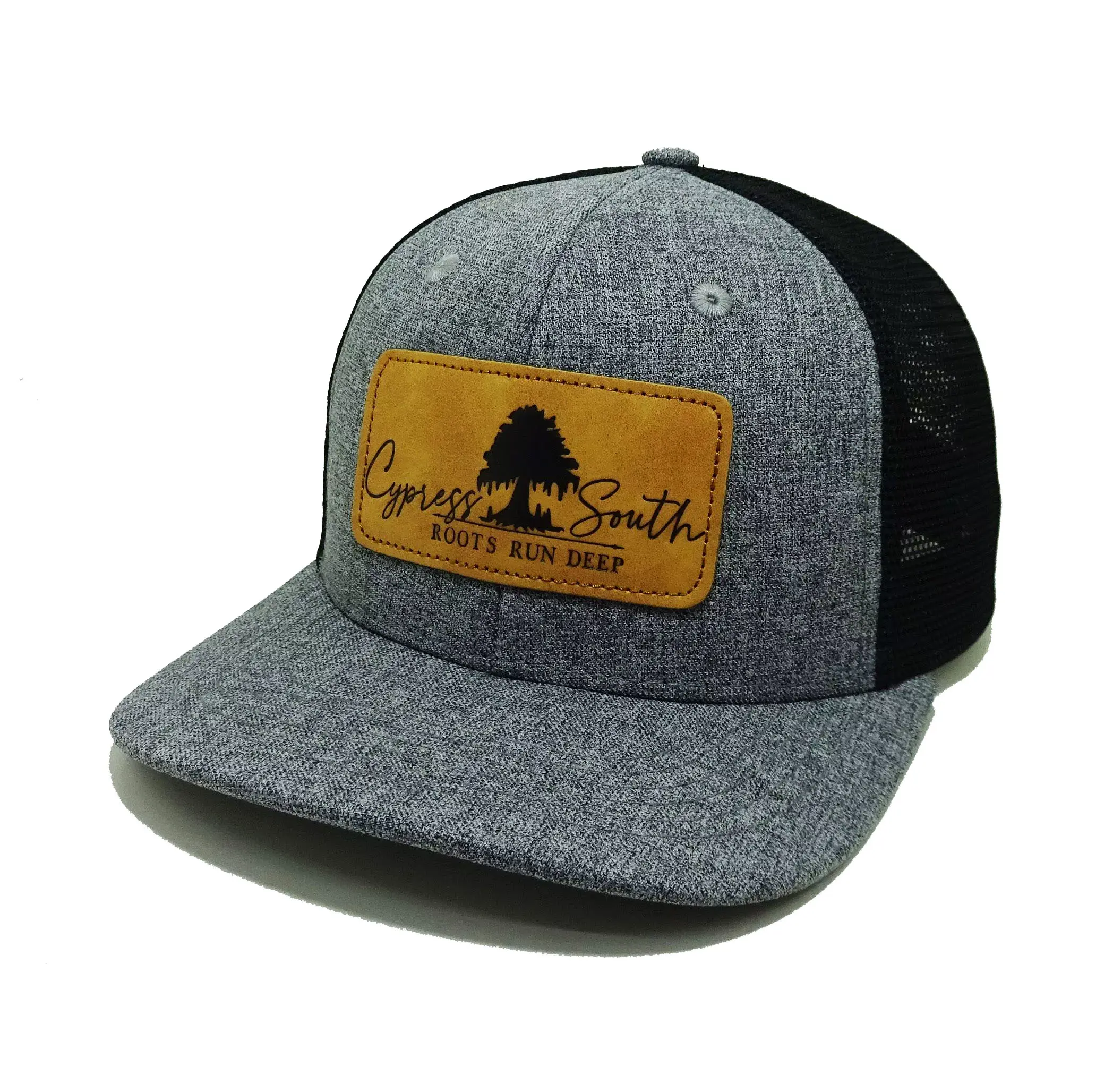 Leather logo Light Grey/ Dark Grey Color 6-Panel Curved Brim High Quality Medium Profile Cotton and Mesh Fabric Trucker Hat 2