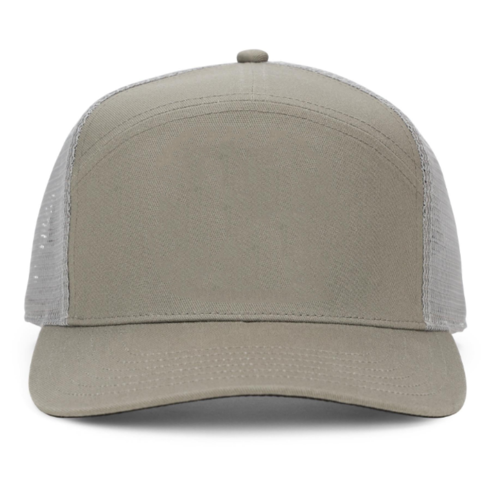 Leather Logo Patch 7 Panel Trucker Hat Curved Brim Breathable Mesh Plastic Single Row Buckle Snapback Closure Custom Label Tag 3