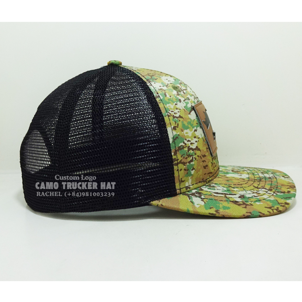 Leather Logo Patch R 112 Trucker Hats 6 Panel Camouflage/Black Embroidered Logo On Back Curved Hunting Fishing Outdoors Vietnam 5