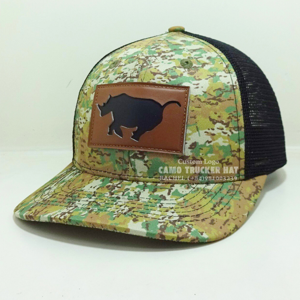 Leather Logo Patch R 112 Trucker Hats 6 Panel Camouflage/Black Embroidered Logo On Back Curved Hunting Fishing Outdoors Vietnam 3