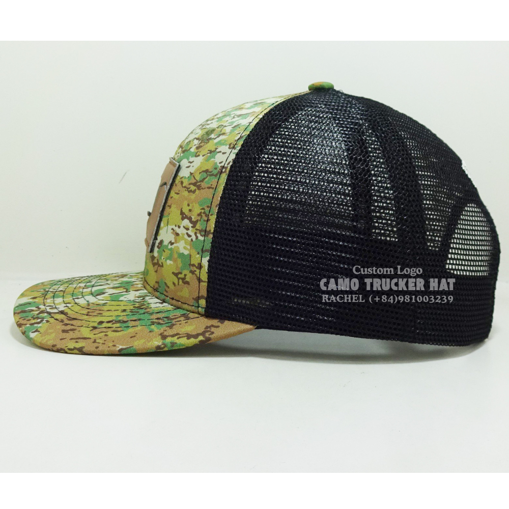 Leather Logo Patch R 112 Trucker Hats 6 Panel Camouflage/Black Embroidered Logo On Back Curved Hunting Fishing Outdoors Vietnam 4