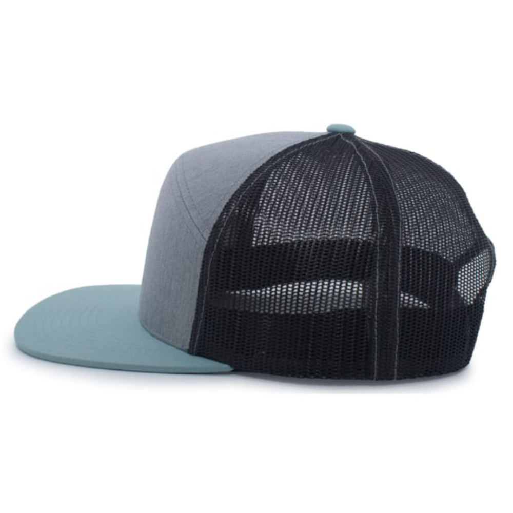 Leather Logo Patch Snapback Trucker Hat 7 Panel Gorras Structured Light Blue/Black Mesh Breathable Flat Brim Adjustable Closure 4