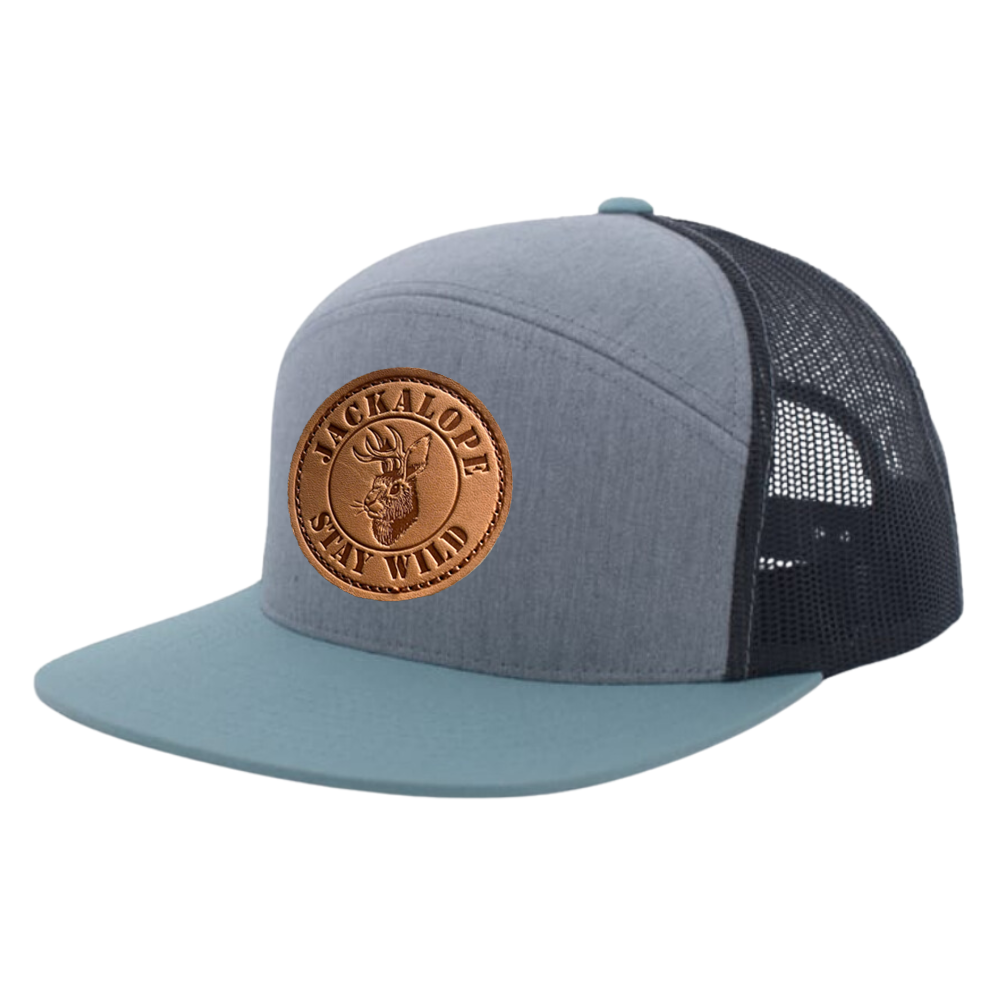 Leather Logo Patch Snapback Trucker Hat 7 Panel Gorras Structured Light Blue/Black Mesh Breathable Flat Brim Adjustable Closure 3