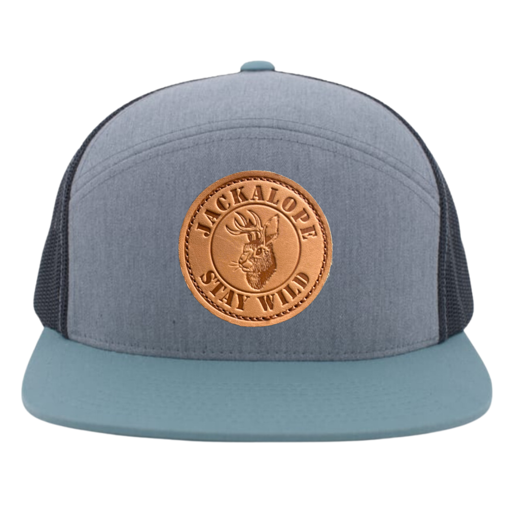 Leather Logo Patch Snapback Trucker Hat 7 Panel Gorras Structured Light Blue/Black Mesh Breathable Flat Brim Adjustable Closure 2