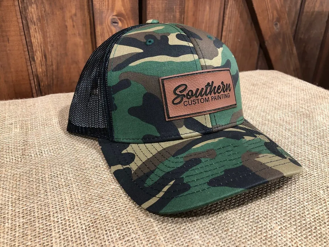 Leather Patch High Quality Camo Trucker Hat Custom Logo Wholesale Sports Cap 6 Panels Adjustable Size Trucker Hat Cap for Man 2