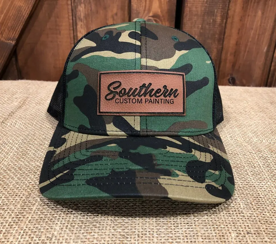 Leather Patch High Quality Camo Trucker Hat Custom Logo Wholesale Sports Cap 6 Panels Adjustable Size Trucker Hat Cap for Man 1