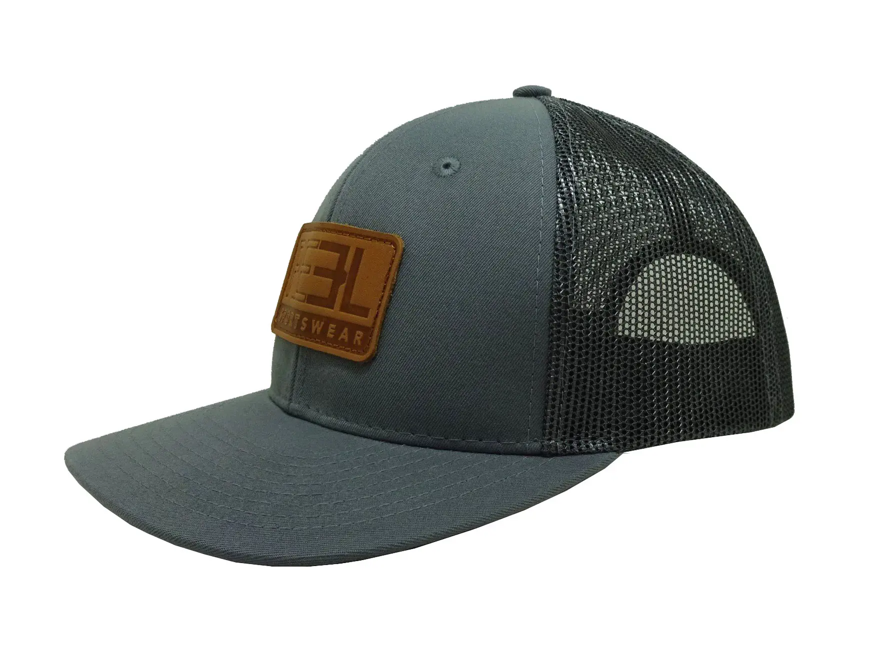 Leather Patch logo 6-Panel Curved Brim High Quality Grey Color Medium Profile Cotton and Mesh Fabric Trucker Hat for Man 2