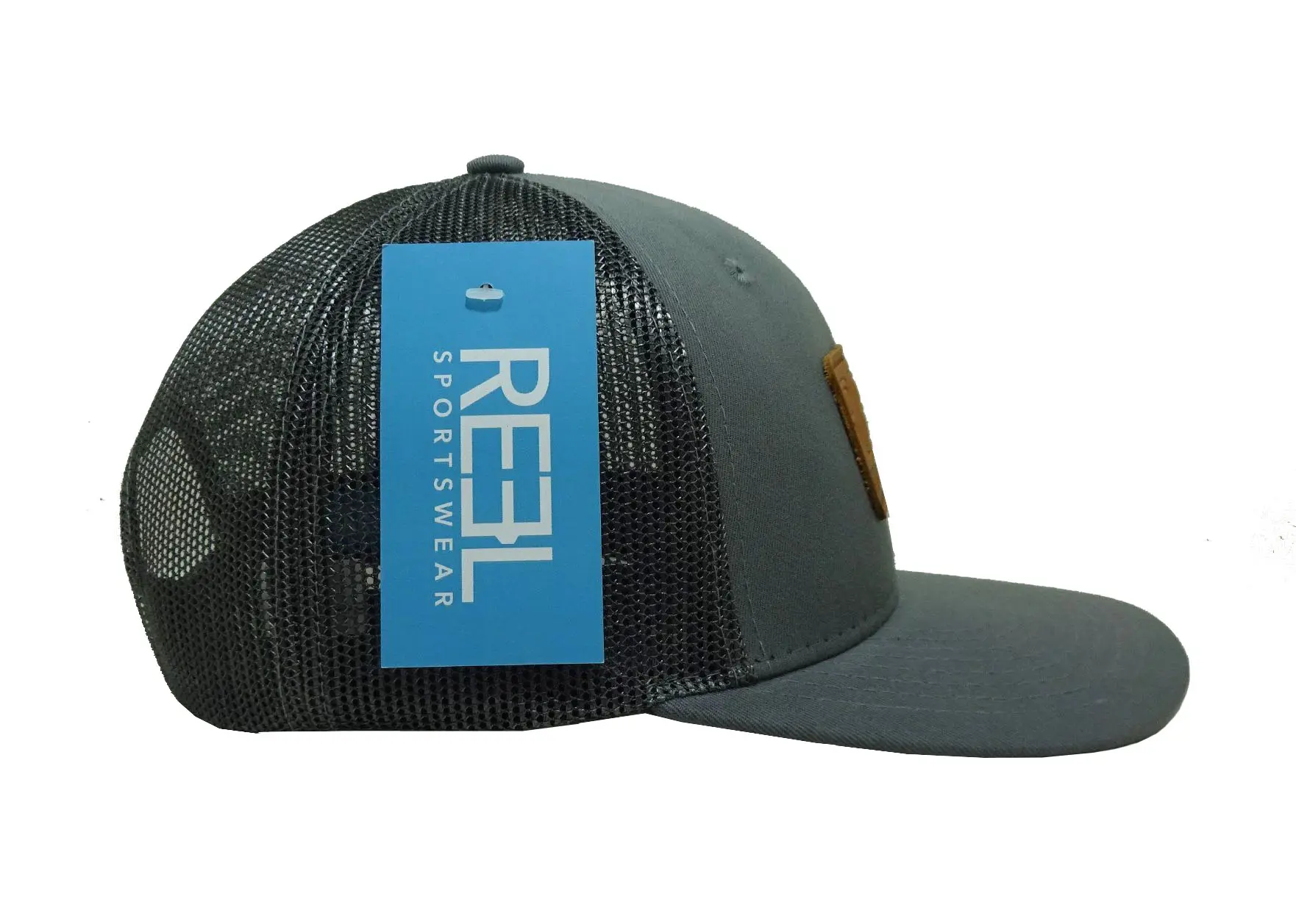 Leather Patch logo 6-Panel Curved Brim High Quality Grey Color Medium Profile Cotton and Mesh Fabric Trucker Hat for Man 4