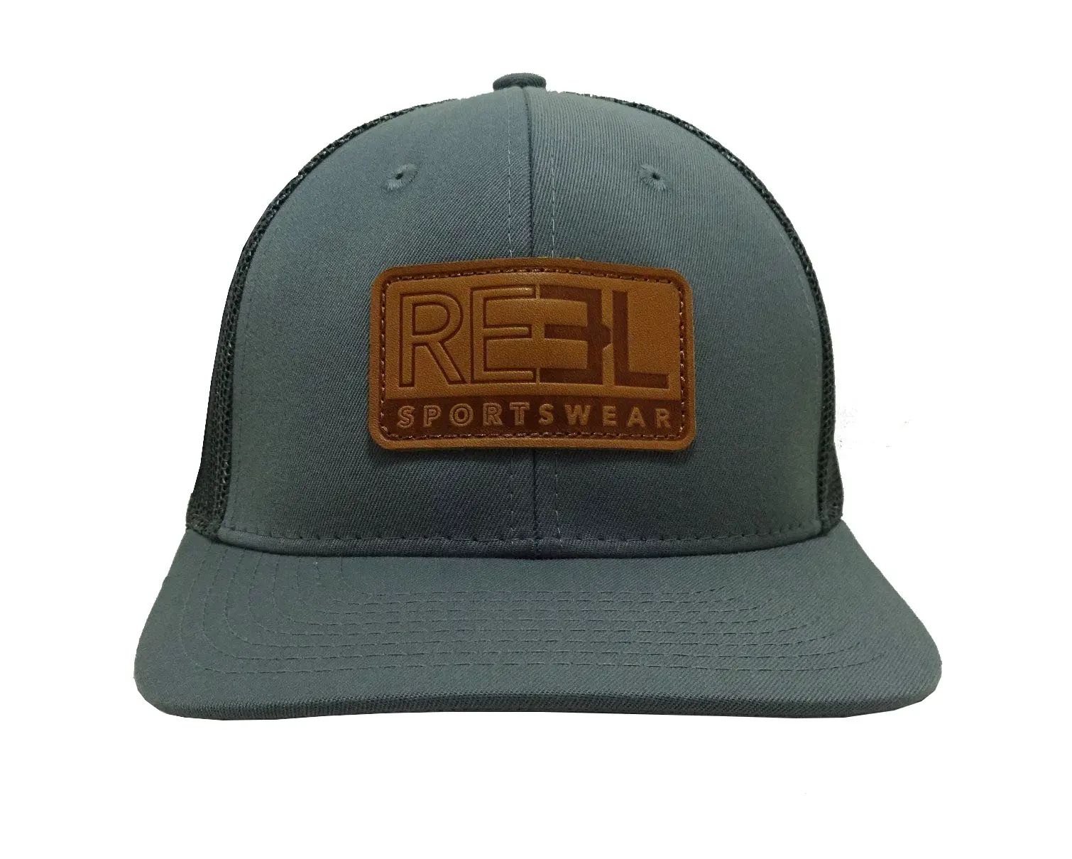 Leather Patch logo 6-Panel Curved Brim High Quality Grey Color Medium Profile Cotton and Mesh Fabric Trucker Hat for Man 1