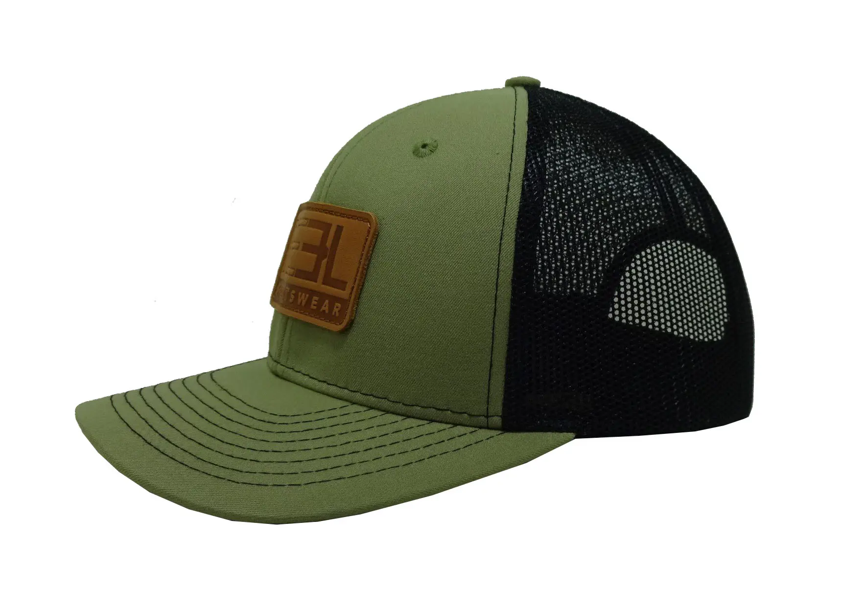 Leather Patch Logo 6-Panel Curved Brim Unisex High Quality Green Color Medium Profile Cotton and Mesh Fabric Trucker Hat 2