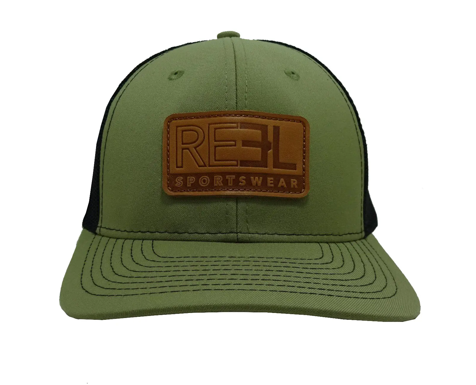 Leather Patch Logo 6-Panel Curved Brim Unisex High Quality Green Color Medium Profile Cotton and Mesh Fabric Trucker Hat 1