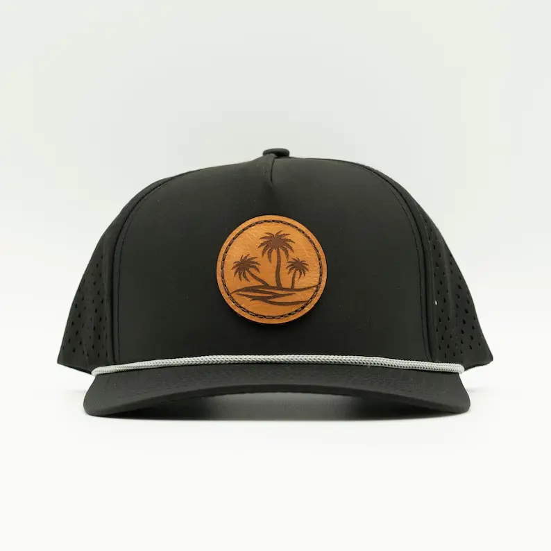 Leather Patch Logo Snapback Cap High Quality Rope Detail Vietnam Made Hat Laser Cut Holes Pre Curved Brim For Golf Casual L01