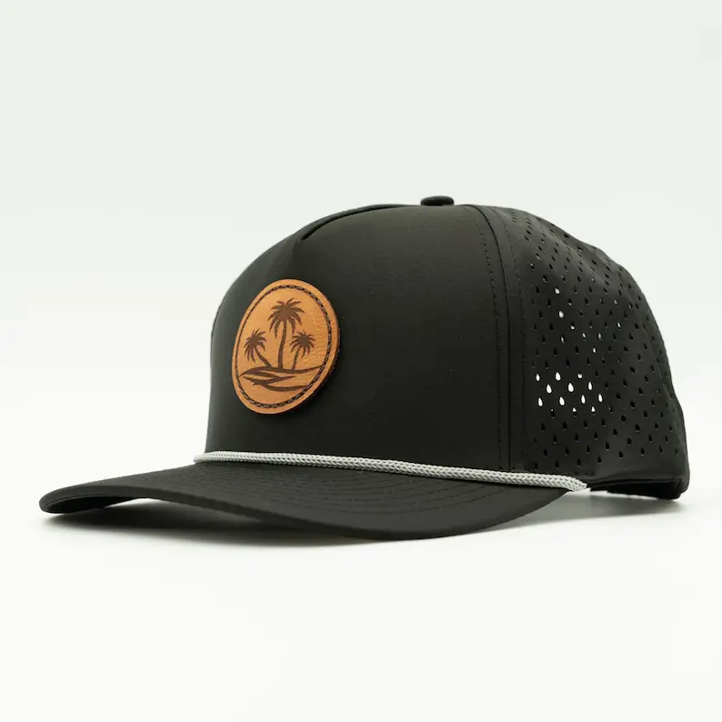 Leather Patch Logo Snapback Cap High Quality Rope Detail Vietnam Made Hat Laser Cut Holes Pre Curved Brim For Golf Casual L01 2