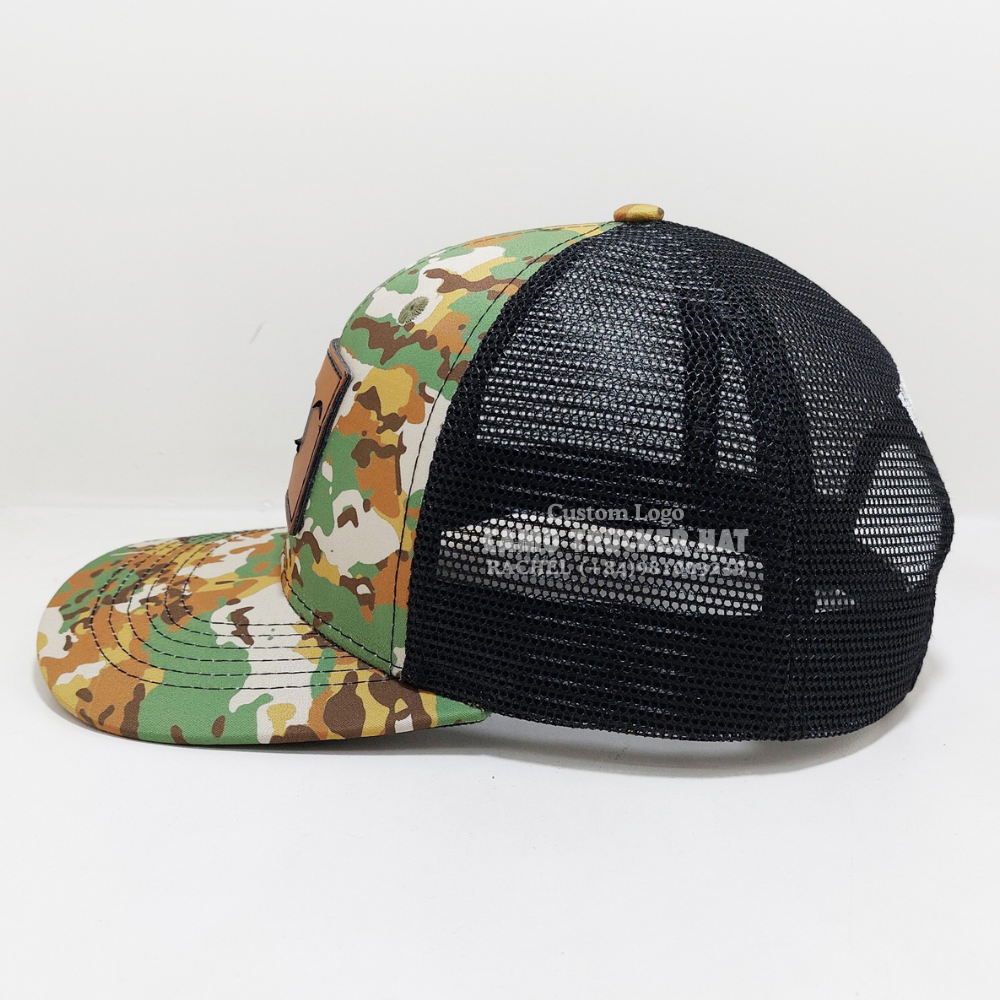 Leather Patch R 112 Camouflage Trucker Hats 6 Panel Curved Brim Structured Adjustable Snapback Brand Promotions Vietnam Headwear 4