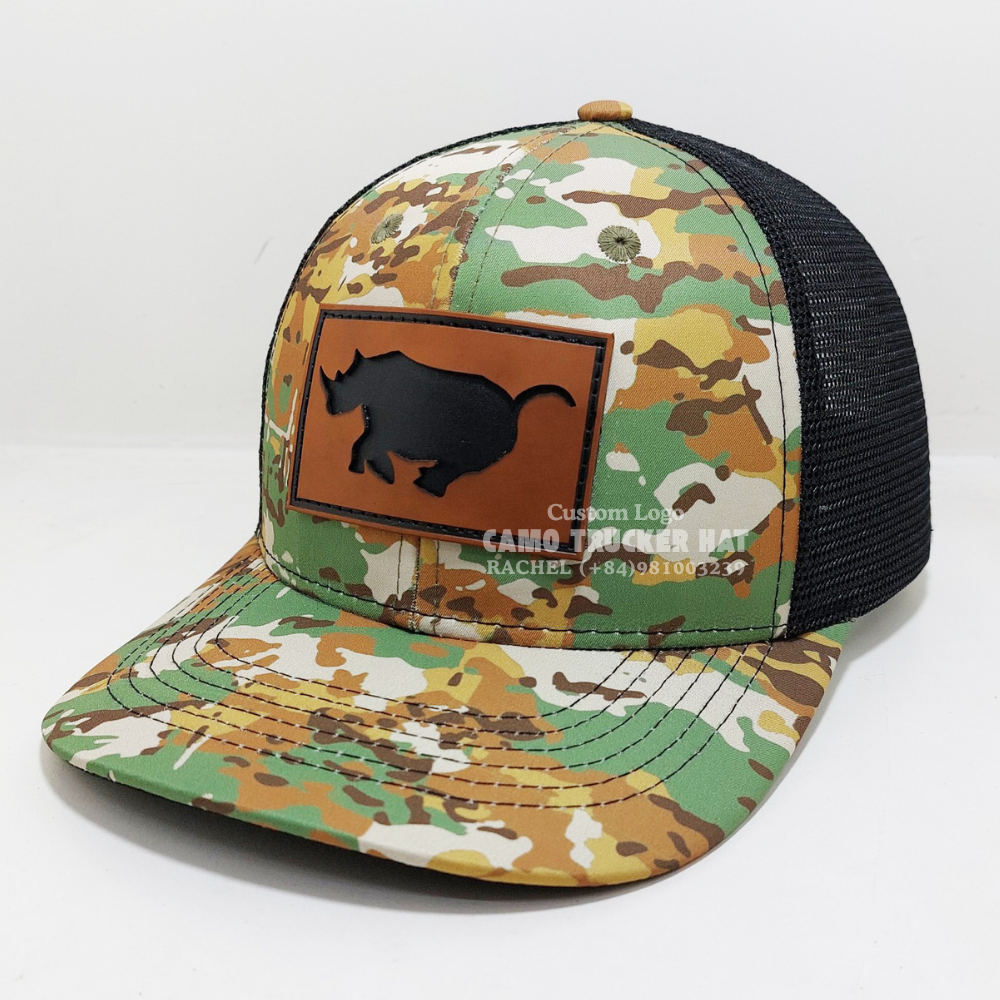 Leather Patch R 112 Camouflage Trucker Hats 6 Panel Curved Brim Structured Adjustable Snapback Brand Promotions Vietnam Headwear 3