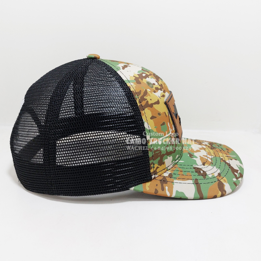 Leather Patch R 112 Camouflage Trucker Hats 6 Panel Curved Brim Structured Adjustable Snapback Brand Promotions Vietnam Headwear 5