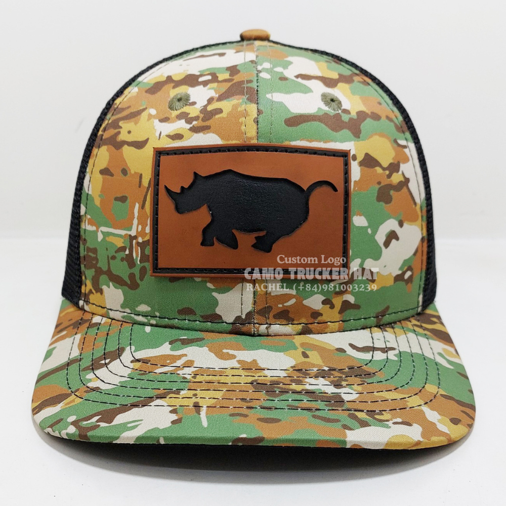 Leather Patch R 112 Camouflage Trucker Hats 6 Panel Curved Brim Structured Adjustable Snapback Brand Promotions Vietnam Headwear 2