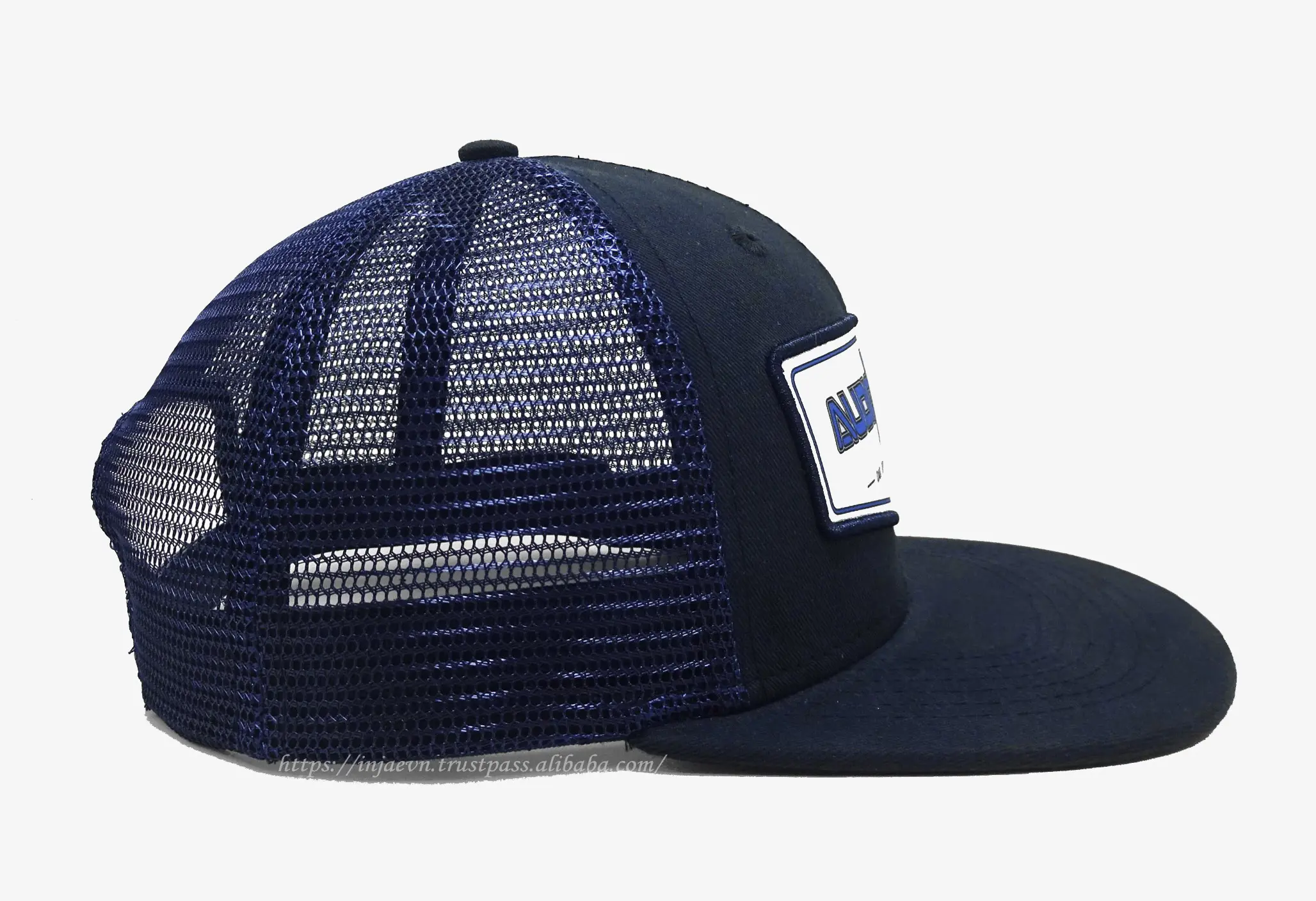 Mesh and Polyester Spandex Fabric Woven Patch logo High Quality Navy Blue Color Medium Profile Trucker Hat From Vietnam Supplier 4